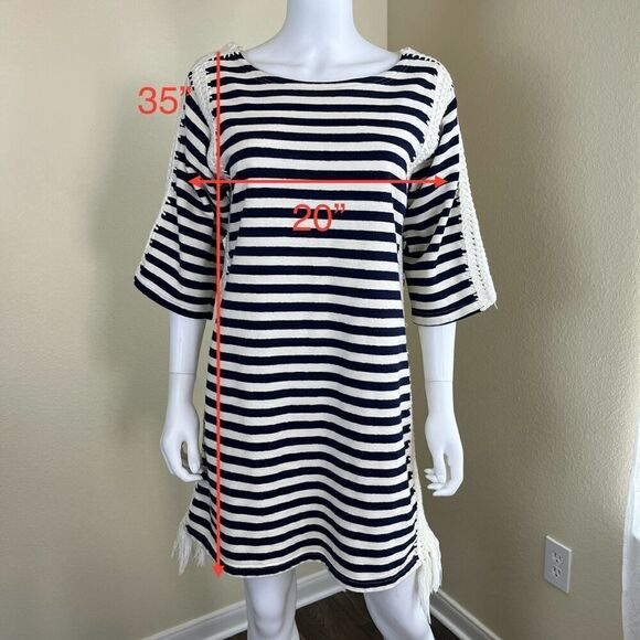Pepin Women's Size M Breton Striped Crochet Shift Mini Dress Nautical Cotton - Picture 6 of 16